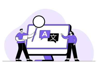 Çevrimiçi çevirmen, yabancı dilleri çevir, farklı dillerde sohbet baloncukları, Merhaba!, çok dilli iletişim, Yabancı insanlar arasındaki diyalog için uygulama simgesi düz vektör ilülasyonu