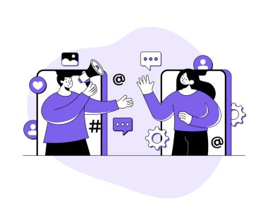 Sosyal medya pazarlama konsepti düz illüstrasyon, Dijital pazarlama, Endorsement, Endorse, E-ticaret, Sosyal medya kampanyası, Seo optimizasyonu, Yerli reklamcılığı, içerik pazarlaması