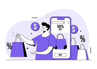 Çevrimiçi sipariş veren adam, çevrimiçi alışveriş dairesi illüstrasyon vektör konsepti, özel teklif, indirimler, e-ticaret, dijital mağaza, e-dükkan, çevrimiçi mağaza, dağıtım