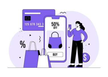 Çevrimiçi alışveriş sitesi illüstrasyon vektör konsepti, özel teklif, indirim, indirimli satış, internetten kıyafet sipariş eden kadın.