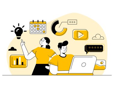 Birden fazla iş adamının düz çizim vektörü konsepti, beyin fırtınası, ekip çalışması, çalışanların birlikte çalışması, yeni fikirler, problem çözme, verimlilik, zaman yönetimi