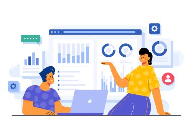 İş planı, iş toplantısı, proje stratejisi, iş adamları, birlikte çalışan iş adamları, takım çalışması, beyin fırtınası, piyasa analizi, Analitik düz vektör çizimi