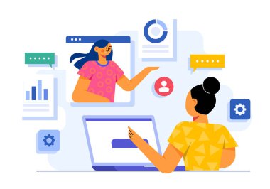 Günlük karikatür işçileri online iş toplantısı, video konferansı ev düz illüstrasyon vektör konsepti, uzak iş iletişimi, Webinar