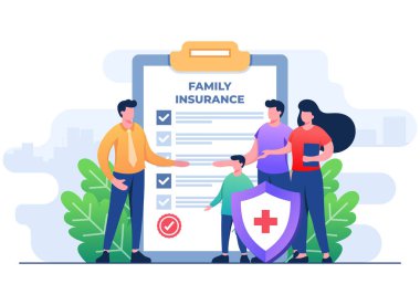Aile sağlığı koruma programı düz illüstrasyon vektör şablonu, aile sağlığı, aile ve sigorta acentesi, aile güvenliği, web tasarımı, afiş, mobil uygulama, iniş sayfası
