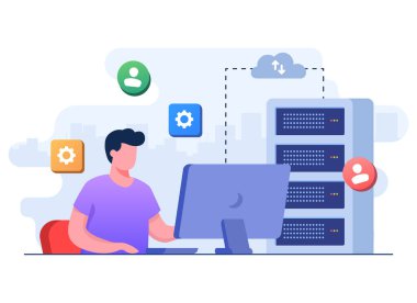 Aygıt güvenli bir şekilde veri merkezine bağlı. Bulut hesaplama teknolojisi, veri transferi, siber güvenlik, kişisel veri koruması düz çizim vektörü konsepti.