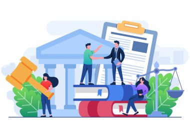 Hukuk ve Adaletin Düz İllüstrasyon Konsepti, Avukat Hizmeti, Noter, Hukuki Yardım, İş ve Finans Hukuki Danışmanlık, Avukat İmzalama Sözleşmesi, Anlaşma veya Belge