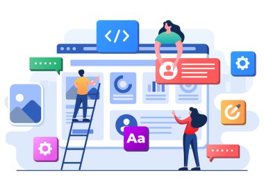Web sitesi oluşturan geliştiriciler Web arayüzü ön görünümü, Web tasarımı, UI UX, Yazılım geliştirme, Web tasarımı, Uygulama tasarımı, Kodlama, İniş sayfası için Web Geliştirme düz illüstrasyonu