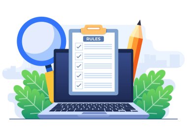 Kurallar ve anlaşma düz illüstrasyon konsepti, iş kuralları, tüzük, Uyum, Kurumsal hukuk ve iş ahlakı, Şirket web tasarımı politikası kavramı, bilgi, iniş sayfası, sosyal medya