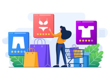 İnternetten kıyafet siparişi, alışveriş konsepti, alışveriş poşetleri ve hediye paketi konsepti olan kadın müşteri karakteri web afişi, bilgi sayfaları, iniş sayfaları, evet, sosyal medya için kullanılabilir.