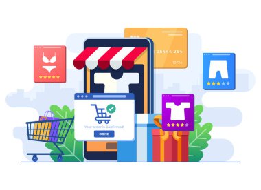 Online giyim mağazasından kredi kartı, e-ticaret, mobil alışveriş, dijital veya sanal pazar, çevrimiçi alışveriş, iniş sayfası için internet mağazası dairesi çizimi, web tasarımı