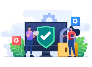 Bilgisayar güvenliği düz çizim vektör şablonu, aygıt güvenliği, asma kilit ve kalkan ile korunan bilgisayar, güvenlik duvarı koruma konsepti, gizlilik erişimi, özel veri, güvenlik sistemi