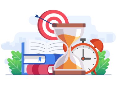 Sınav bitiş tarihi düz illüstrasyon vektör konsepti, sınav gününden önce öğrenci öğrenme, zor görevler yapmak ve modül çalışmasına hazırlanmak, 