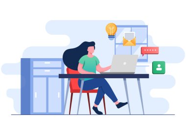 Bilgisayar düz çizim konsepti üzerinde çalışan genç iş kadını, uygun bir iş yerinde serbest çalışan 