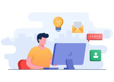 Genç işadamı, bilgisayar düz çizim konsepti üzerinde çalışıyor. Serbest meslek sahibi, iş yerinde çalışıyor. 