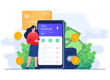 Çevrimiçi mobil bankacılık ve mobil ödeme düz illüstrasyon konsepti, kadın karakter banka hesabı, dijital cüzdan, internet parası, Tasarruf ve finans için akıllı telefon kullanın