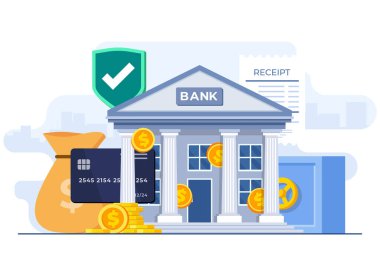 Banka konsepti düz çizim vektör şablonu, kredi kartı ödemesi, tasarruf ve yatırımlar, güvenli dijital bankacılık