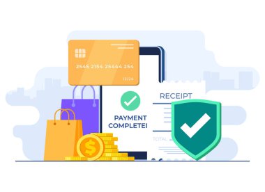 Çevrimiçi alışveriş konsepti düz çizim vektör şablonu, İşlem, Mobil bankacılık, Nakitsiz ödeme, Güvenli dijital ödeme, E-bankacılık uygulaması, Kredi kartı ödemesi, E-fatura