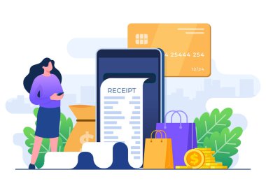 Akıllı telefon ve kredi kartı, çevrimiçi alışveriş, e-ticaret, mobil bankacılık, nakit ödeme, güvenli işlem, internet bankacılık düz vektör çizim şablonu kullanarak çevrimiçi ödeme yapan kadın