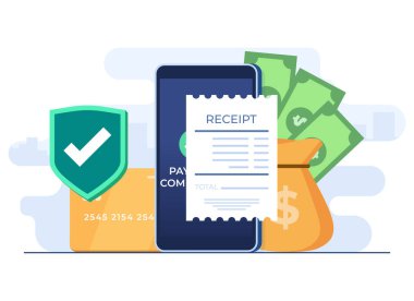 Cüzdan uygulaması düz illüstrasyon konsepti ile çevrimiçi mobil ödeme, cep telefonu bankacılık, para transferi, güvenli işlem, E-cüzdan, nakitsiz ödeme, para gönderme ve alma, Kredi kartı ödeme, 