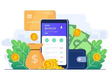 Çevrimiçi bankacılık konsepti düz illüstrasyon vektör şablonu, Güvenli mobil bankacılık uygulaması, İnternet para transferi, E-bankacılık, E-cüzdan, para gönderme ve alma, dijital ödeme, kredi kartı veya banka kartı