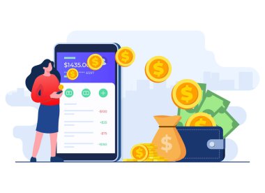 İnsanlar mobil uygulama, elektronik cüzdan, mobil banka işlemi, güvenli para transfer ağ düz illüstrasyon vektör şablonu, dijital bankacılık mobil uygulaması