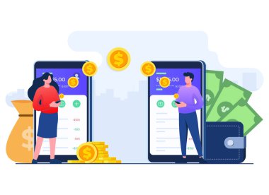 İnsanlar mobil uygulama, elektronik cüzdan, mobil banka işlemi, güvenli para transfer ağ düz illüstrasyon vektör şablonu, dijital bankacılık mobil uygulaması