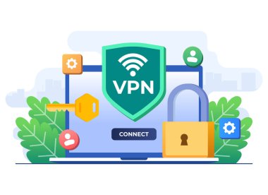 Sanal özel ağ düz illüstrasyon, Güvenli web trafiği, şifreli veri transferi, VPN erişimi, Dijital kişisel veri koruması, Uzak sunucu, Güvenli yönlendirici erişimi, İnternet Güvenliği