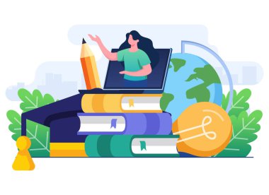 Dizüstü bilgisayar ekranı düz vektör illüstrasyonu, çevrimiçi eğitim, e-öğrenme, çevrimiçi kurs, çevrimiçi webinar, video öğretim öğretmeni