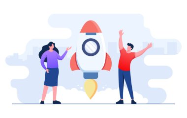 İş adamları başarılı bir şekilde roket, Startup iş konsepti düz çizim vektör şablonu, yeni fikir, ürün, proje, yenilik ve iniş sayfası için yaratıcılık kavramını başlattılar, web pankartı