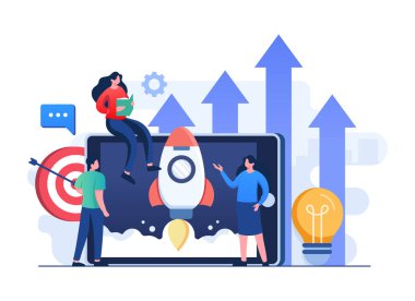 İş adamları girişim projesi, başarılı iş stratejisi, iş geliştirme, girişimcilik, inovasyon ürünü, yaratıcı fikir, takım çalışması beyin fırtınası konsepti düz resimleme başlattılar