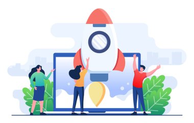 İş adamları başarılı bir şekilde dizüstü bilgisayar ekranında roket fırlatıyorlar, Girişim iş stratejisi, İş geliştirme, Girişimcilik, Yenilik ürünü, yaratıcı fikir, Takım çalışması