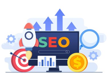 Arama motoru optimizasyon konsepti düz çizim vektör şablonu, SEO büyüme, bilgisayar ekranında tarayıcı arama penceresi bir büyüteçle