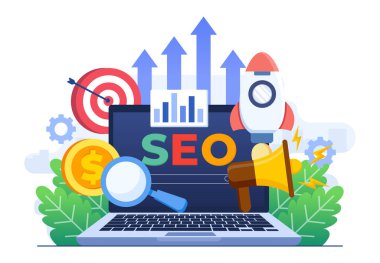 Arama motoru optimizasyon konsepti düz illüstrasyon vektör şablonu, SEO büyümesi, laptop ekranında tarayıcı arama penceresi ve büyüteç