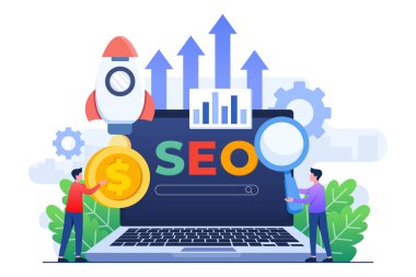 Arama motoru optimizasyon konsepti düz illüstrasyon vektör şablonu, SEO büyümesi, laptop ekranında tarayıcı arama penceresi ve büyüteç