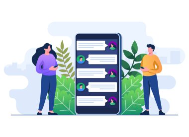 Çevrimiçi sohbet platformunda iletişim kuran erkek ve kadın karakterler, cep telefonu, iletişim, diyalog, internet sohbet konsepti, akıllı telefon kullanarak iletişim kuran erkek ve kadın.