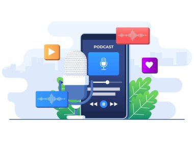 Ses podcast konsepti düz illüstrasyon vektör şablonu, akıllı telefon ekranında müzik, radyo ve podcast, müzik çalar için Podcast mobil uygulama arayüzü