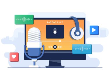 Podcast 'i bilgisayar ekranı düz illüstrasyon vektör şablonu, kayıt webinar, özel ders, çevrimiçi kurs, podcast, radyo sunucusu iş yeri, çevrimiçi yayın podcast, Online iletişim