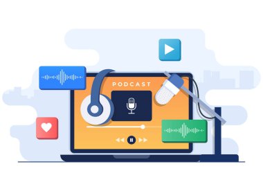 Çevrimiçi iletişim konsepti düz illüstrasyon vektör şablonu, Webcast canlı, Streaming podcast, Radyo sunucusu iş yeri, Dijital müzik akışı, Online multimedya eğlence