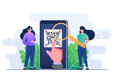 Akıllı telefonlu QR kodlarını tarayan insanlar, QR kodlu Mobilephone, Dijital cüzdan ve modern teknoloji konsepti düz çizim vektör şablonu