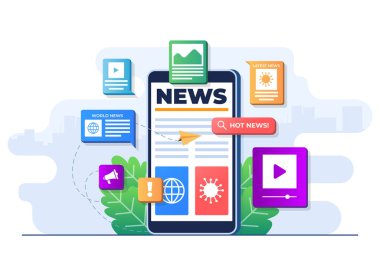 Online news mobile application flat illustration vector template, Online news article, News webpage, Online mass media on smartphone screen, Internet newsletter clipart