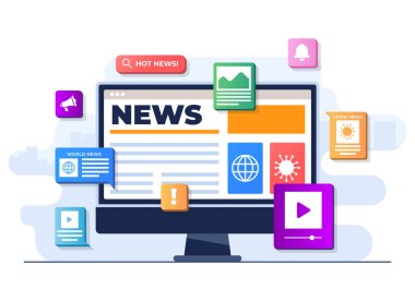 Çevrimiçi haber mobil uygulama düz illüstrasyon vektör şablonu, Çevrimiçi haber makalesi, Haber web sayfası, İnternet ekranında çevrimiçi kitle iletişim araçları, İnternet bülteni