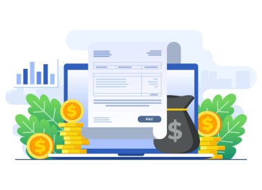 Maaşlar çevrimiçi ödeme düz illüstrasyon vektör şablonu, fatura kağıdı, maaş hesabı, bütçe konsepti, maaş çeki, maaş ödemesi