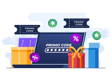 Çevrimiçi alışveriş kasasında promosyon kodu, indirim kodu, hediye çeki, hediye kartı, bonus, promosyon kampanyası konsepti vektör düz illüstrasyon web afişi, web sitesi tasarımı, sosyal medya