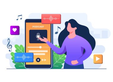 Kadın karakter akıllı telefon ekranı düz illüstrasyon vektör şablonu, Webinar konsepti, çevrimiçi kurs veya özel ders, Radyo, Webcast, canlı yayın, canlı podcast, Online eğitim