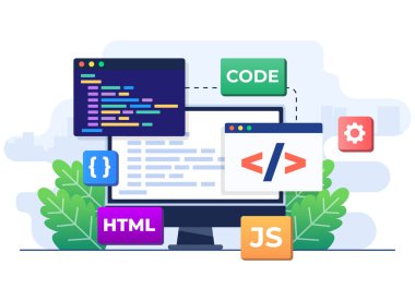 Web geliştirme konsepti düz illüstrasyon vektör şablonu, Web tasarımı, Bilgisayar programlama, Mobil uygulama tasarımı, Kodlama, Yazılım, programlama dilleri, web sitesi 