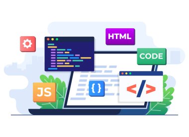 Web geliştirme konsepti düz illüstrasyon vektör şablonu, Web tasarımı, Bilgisayar programlama, Mobil uygulama tasarımı, Kodlama, Yazılım, programlama dilleri, web sitesi 