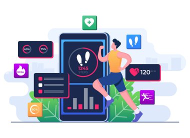 Erkek karakter çalışıyor ve egzersiz yapıyor, Fitness mobil uygulama düz illüstrasyon vektör şablonu, Akıllı çalışma, antrenman, spor egzersizleri, akıllı telefon uygulamasında kalp atış hızının izlenmesi
