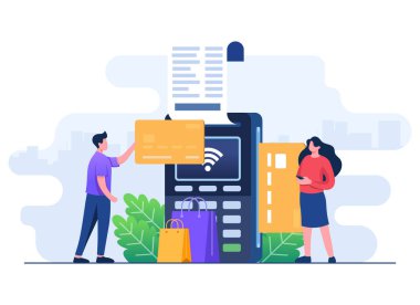 Temassız ödeme düz çizim vektör şablonu, kredi kartı, fatura, alışveriş konsepti, ödeme makinesi, banka kartı ile kablosuz mobil ödeme