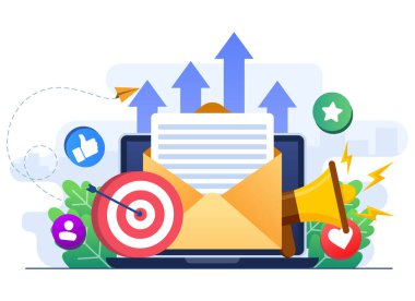 İniş sayfası için e-posta pazarlama düz illüstrasyon vektör kavramı, çevrimiçi iş stratejisi, reklamcılık, e-posta bülteni, mesajlaşma, pazarlama materyal kavramı, web afişi, sosyal medya, bilgi