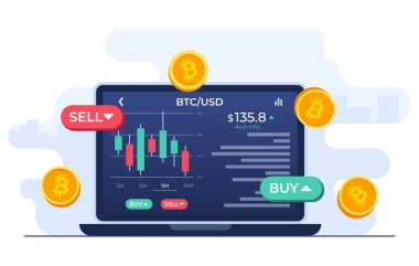 Dizüstü bilgisayarı, grafiği ve SELL ve BUY seçenekleriyle borsa sahnesi, Kripto döviz ticareti, şamdan şeması, Bitcoin, Dijital web parası, Kripto yatırım stratejisi